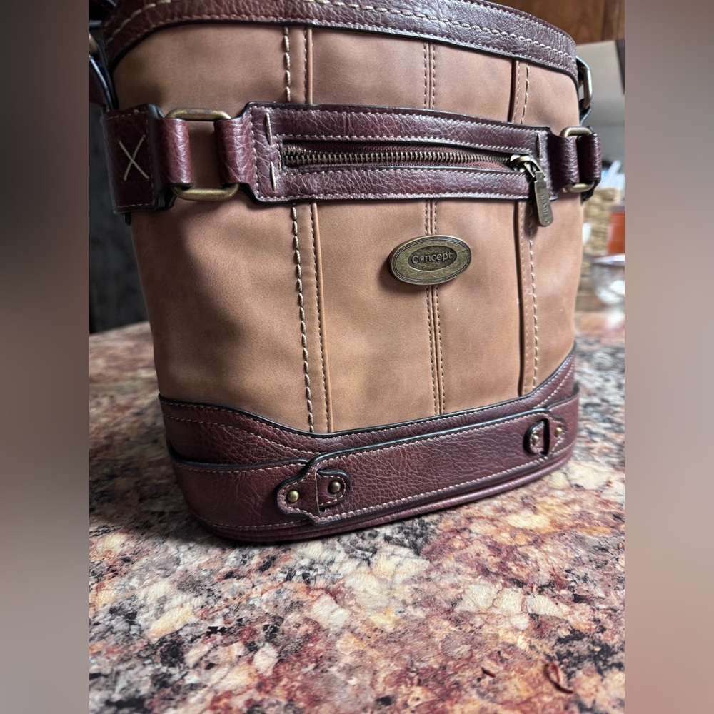 Concept faux leather bucket purse brown & camel colors